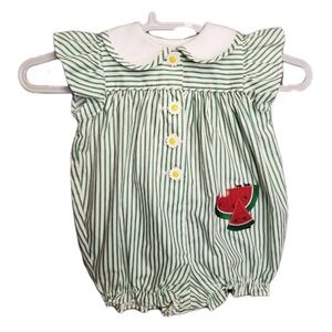 Vtg Peaches N Cream Bubble Romper Watermelon Green Striped 3-6 Mos Daisy Buttons